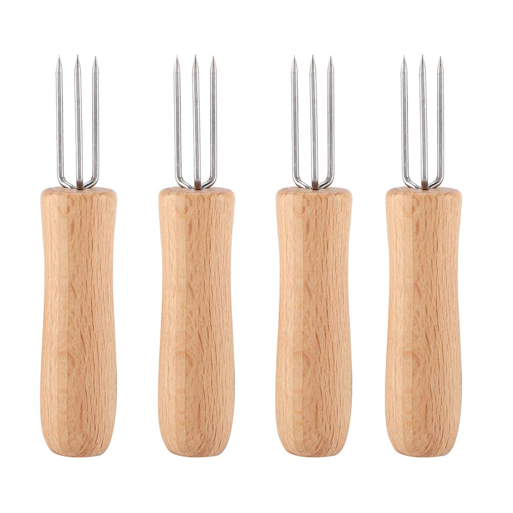 4-Piece Stainless Steel BBQ Forks with Wooden Handle - Perfect for Grilling Meat, Fruits, and Corn - Ideal for Backyard BBQs, Camping, and Outdoor Cooking