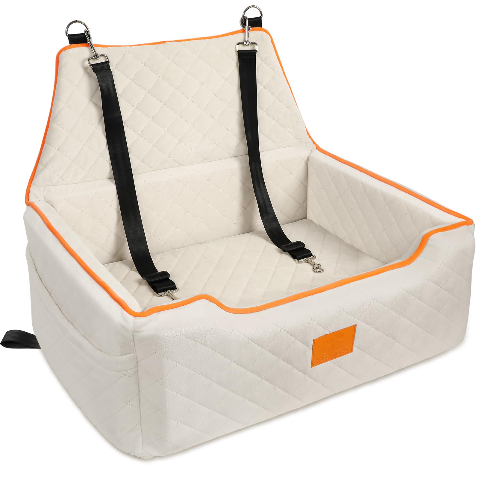 Premium Dog Car Booster Seat for Small & Medium Dogs Up to 55Lbs - Washable, Detachable Pet Car Seat with Thick Comfort Cushion & Storage Pockets (Beige) - Perfect for Road Trips, Vet Visits & Daily Car Rides