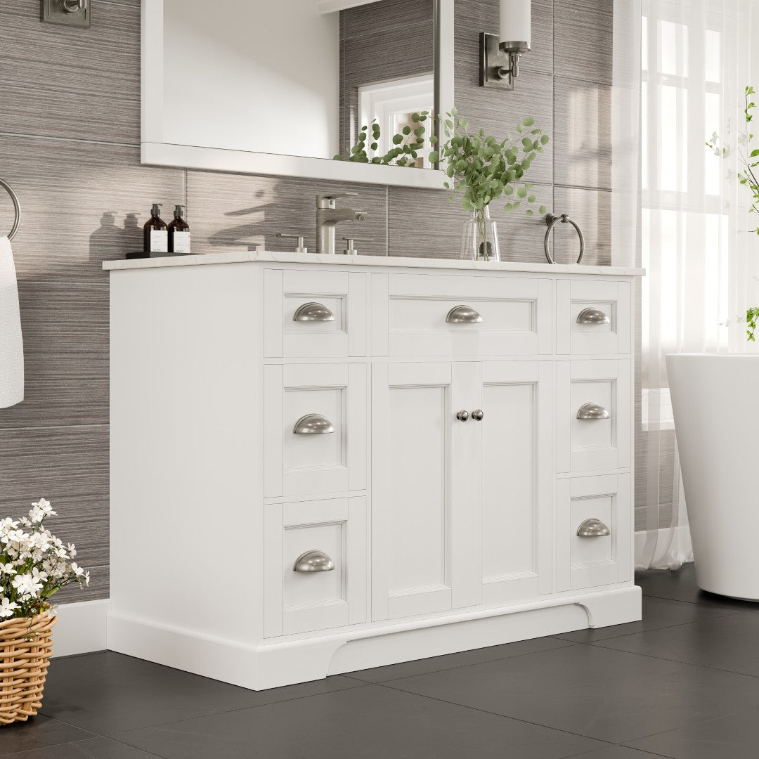 48 Inch White Bathroom Vanity with Carrara Marble Quartz Countertop & Undermount Porcelain Sink - Modern Single Sink Vanity for Master Bath, Guest Bath or Powder Room