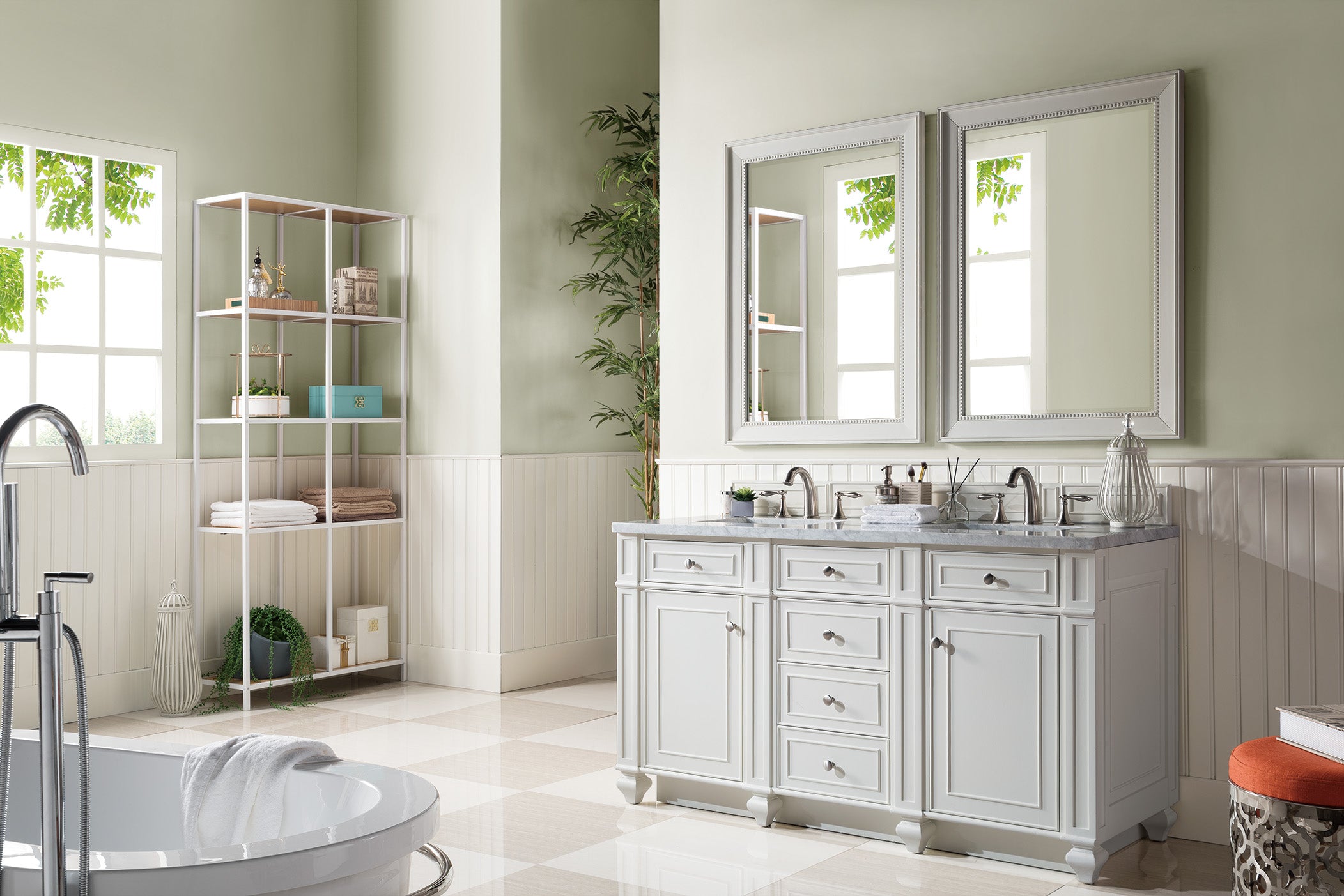 Bristol 60 Inch Double Bathroom Vanity Set with Carrara Marble Top - Bright White Finish for Modern Master Bathroom & Guest Bath Remodel