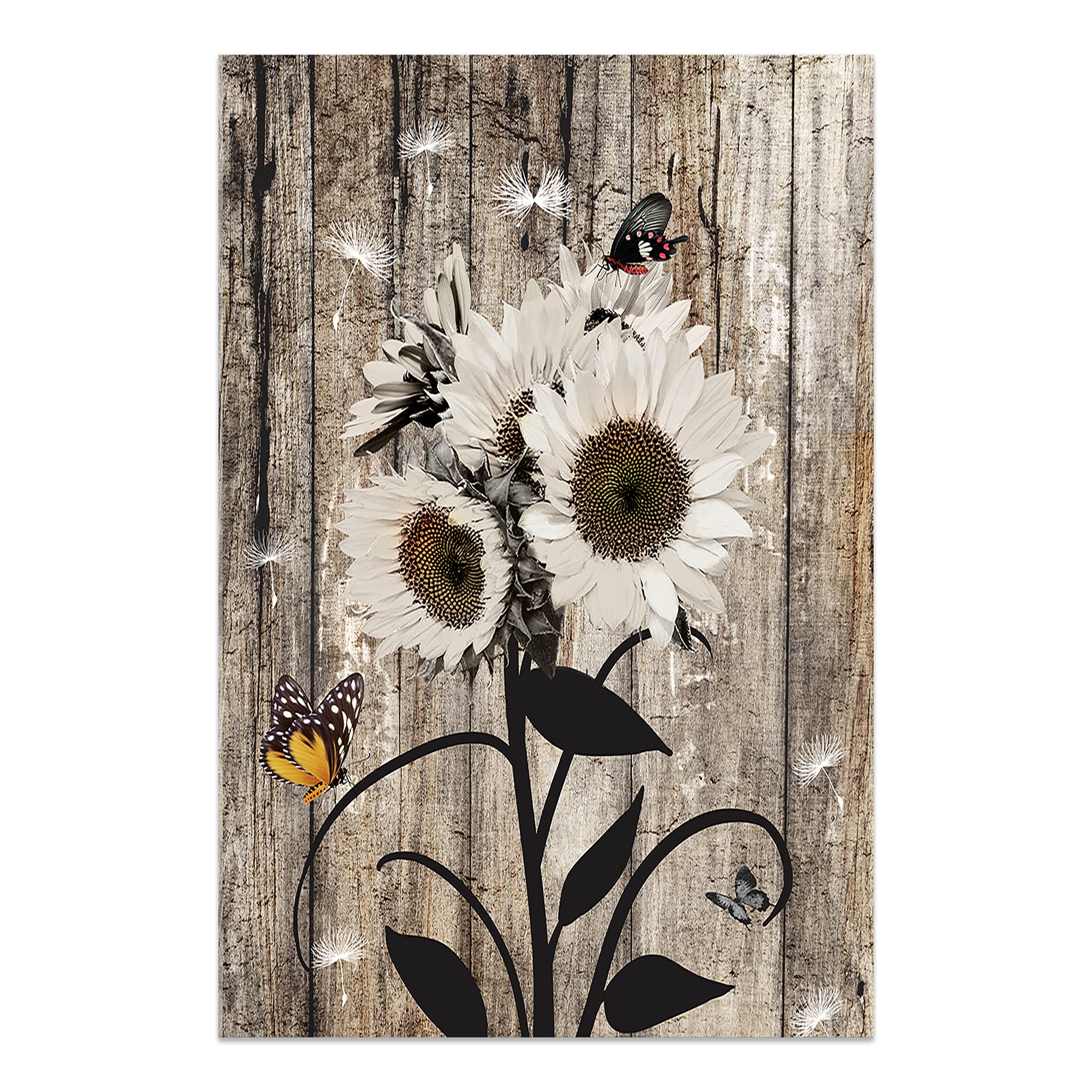 White Sunflower Butterfly Wall Art Canvas - Rustic Farmhouse Wood Decor for Bedroom, Living Room, Kitchen & Office - Country Floral Picture Poster Print - Modern Framed Home Decor Ready to Hang - Perfect for Farmhouse, Boho & Country Style Interiors
