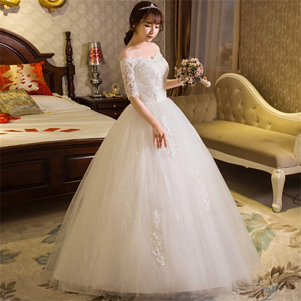 Elegant Off-Shoulder Lace Applique Beaded Wedding Dress with Half Sleeves - White Bridal Gown Size US16 for Romantic Ceremonies & Beach Weddings