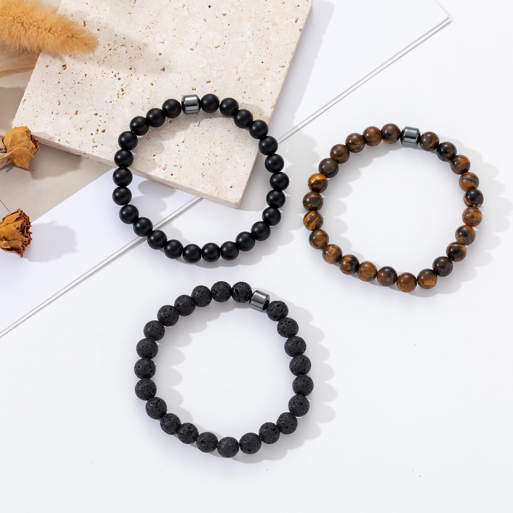 MOROTOLE Men's Beaded Bracelet Set - 8MM Natural Tiger Eye Stone & Lava Rock Stretch Bracelet with Black Crystal Beads - Adjustable for Wrist Sizes - Perfect Gift for Men, Father, Boyfriend, Brother - Ideal for Casual Wear, Office, and Outdoor Adventures