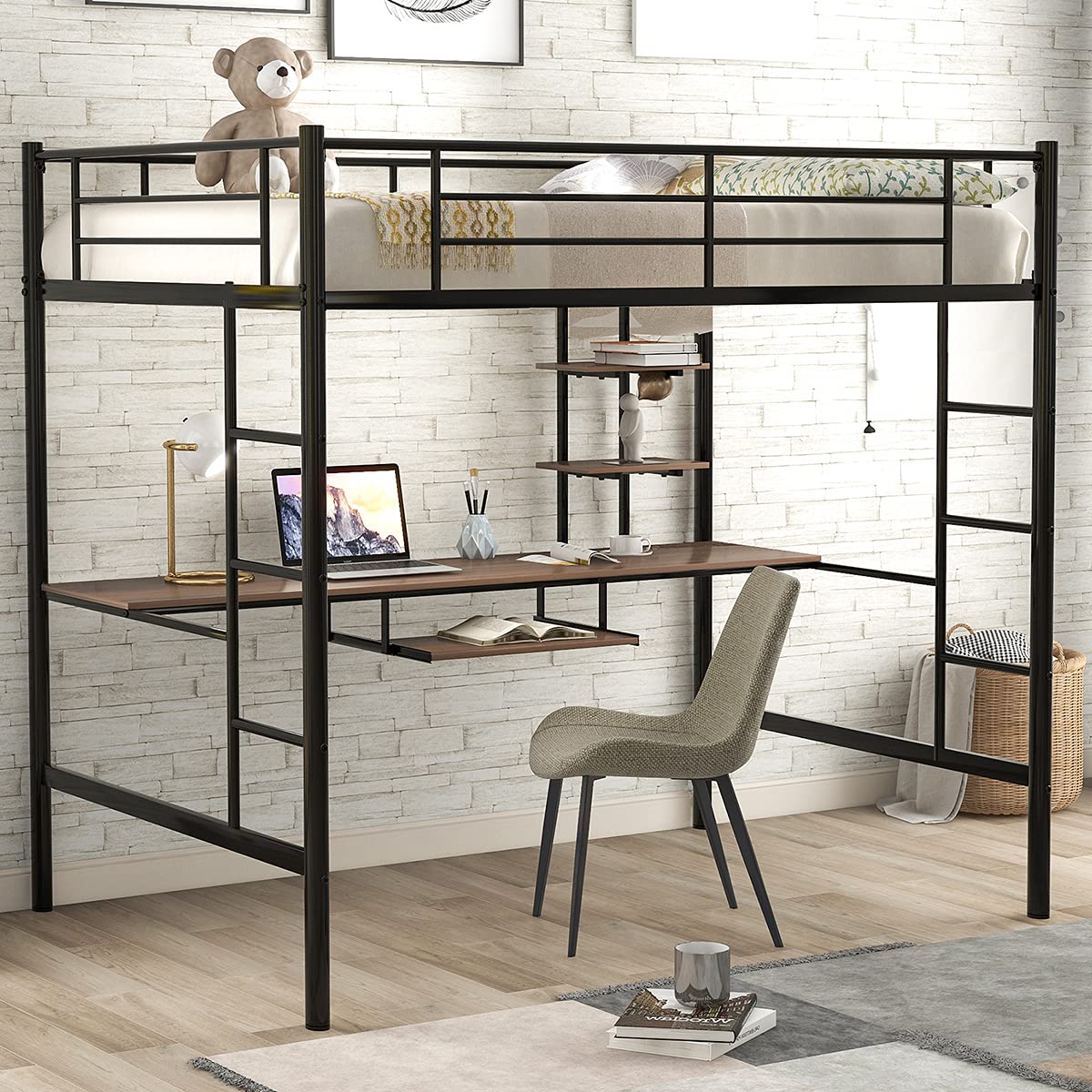 Full Loft Bunk Bed with Desk & Storage - Sturdy Metal Frame, Space-Saving Design for Small Rooms - Perfect for Kids, Teens & College Dorms (Black)