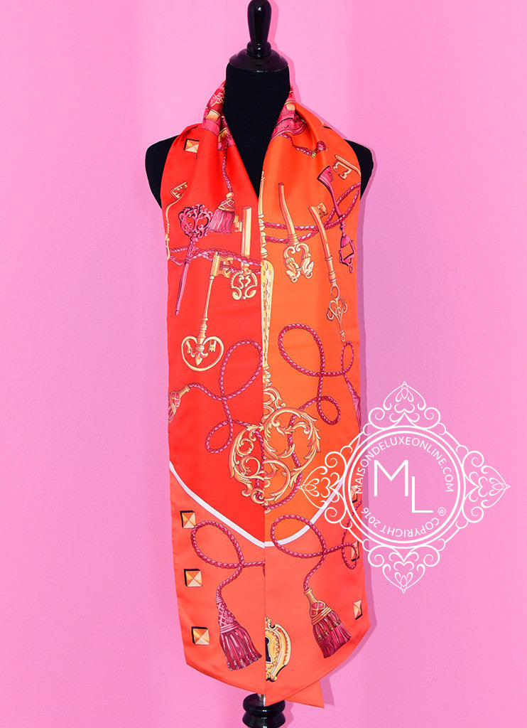 Hermes Corail Orange Rouge Les Clés Silk Maxi Twilly Scarf Wrap - Luxurious Fashion Accessory for Women, Elegant Neck Scarf & Shawl for Parties, Weddings & Special Occasions