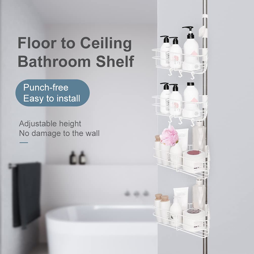 BAOYOUNI 4-Tier Adjustable Shower Caddy Tension Pole Corner Shelf - Bathroom Organizer for Shampoo, Soap & Toiletries - No Drilling Space-Saving Floor to Ceiling Storage Rack - Perfect for Small Bathrooms & Bathtub Organization (White)