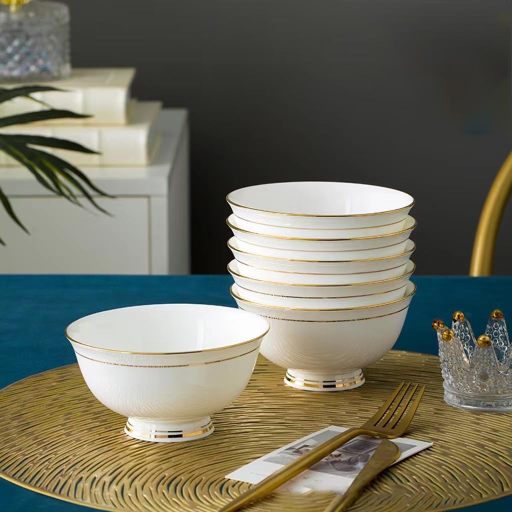 Premium 10oz Gold Rim Ceramic Soup Bowls Set of 5 - Elegant Bone China Small Bowls for Ice Cream, Rice, Side Dishes & Desserts - Microwave & Dishwasher Safe - Perfect for Dining, Entertaining & Gifts