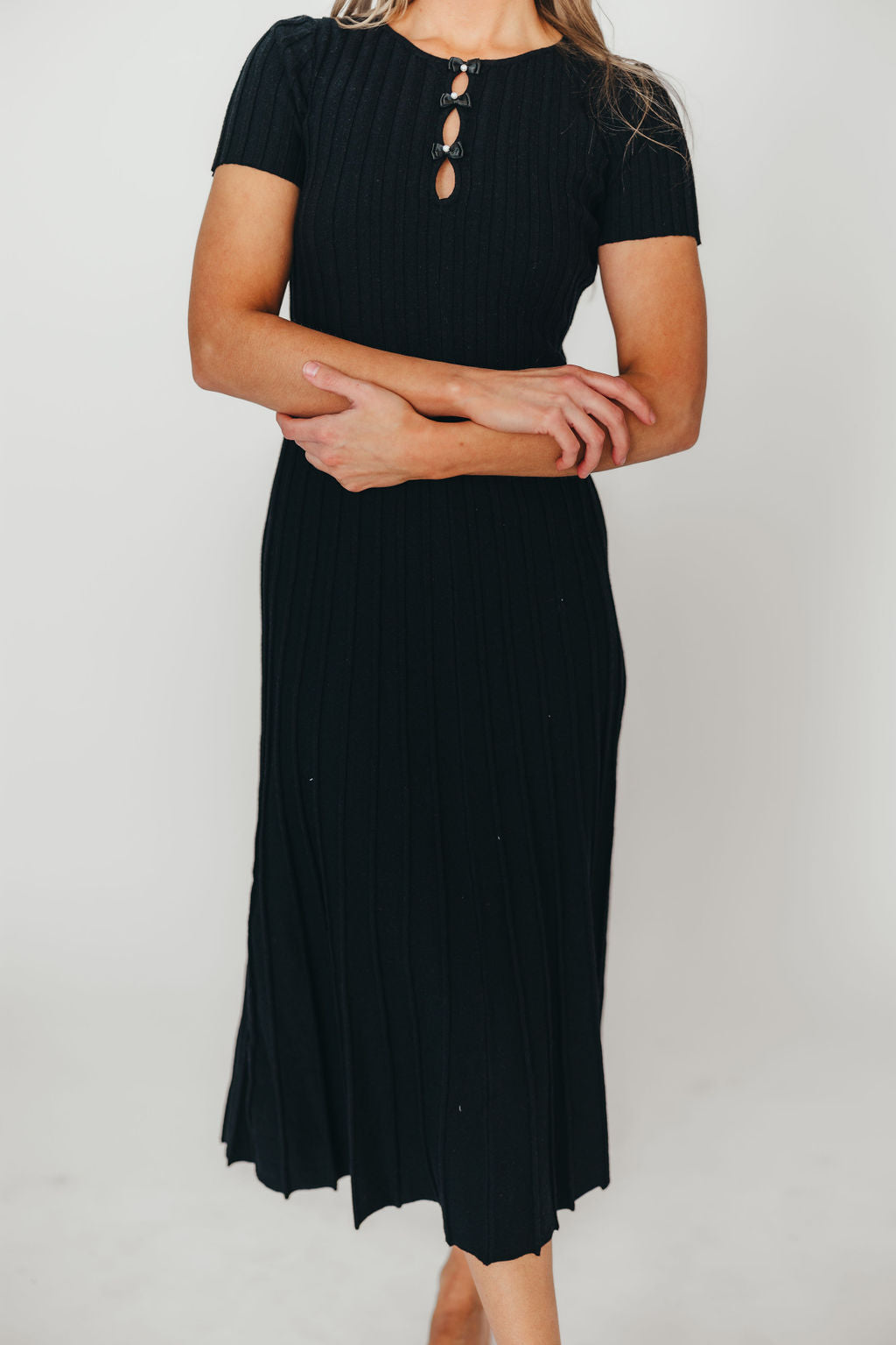Winnie Front Bow Button Knit Midi Dress in Black | Bump Friendly Maternity Dress | Perfect for Pregnancy, Nursing & Special Occasions