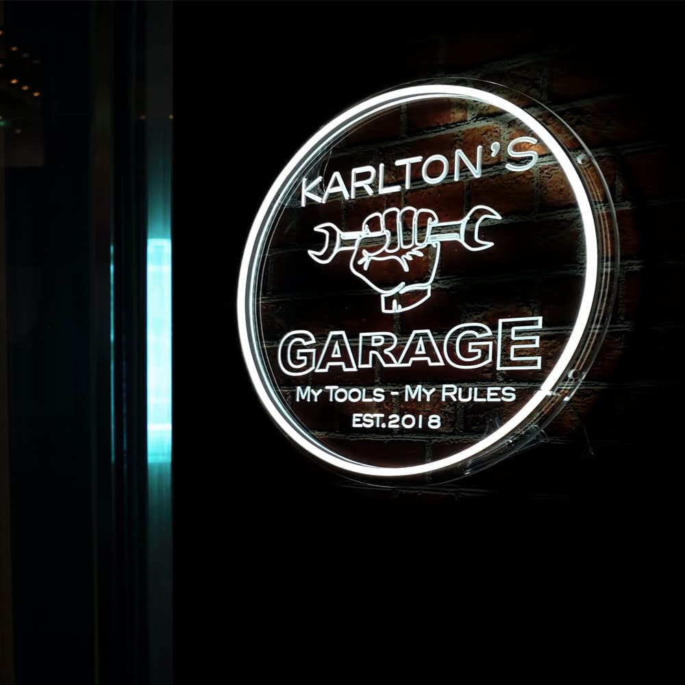 Custom Neon Garage Signs - Personalized LED Light Sign for Man Cave, Dad's Workshop & Gifts - 16x16 Inch Round Neon Decor for Home Bar, Garage Wall & Birthday Presents