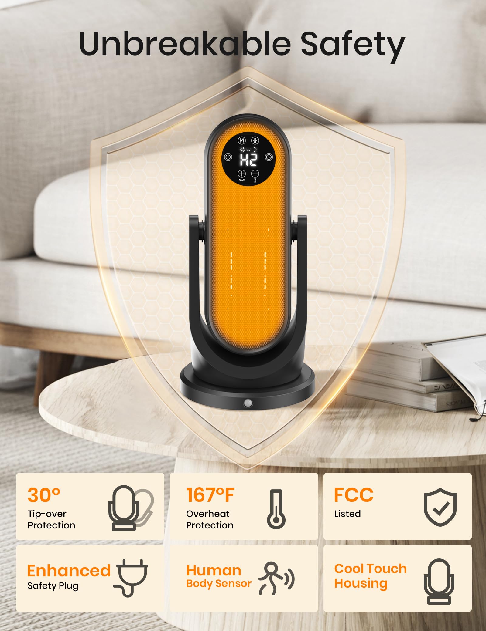 1200W PTC Ceramic Space Heater with 2-Way Oscillation & Human Body Sensor - 4 Modes, Overheat Protection, 12H Timer - Portable Electric Heater for Bedroom, Living Room, Office & Indoor Use - Perfect for Winter Warmth & Energy Efficient Home Heating