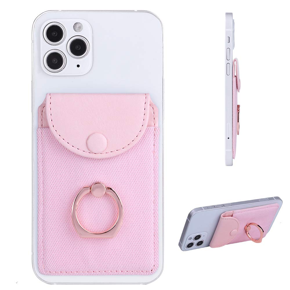 Ultra-Slim Self-Adhesive RFID Blocking Phone Wallet - Credit Card Holder with Ring Stand for iPhone & Samsung (Finger Ring Pink) | Perfect for Hands-Free Shopping, Commuting & Travel