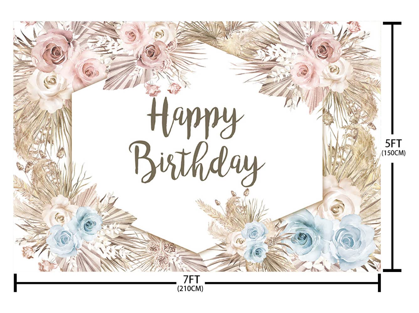 7x5ft Boho Happy Birthday Backdrop for Girls & Women - Blue Pink Floral Pampas Grass Photography Background | Birthday Party Decor, Photo Booth Props | Perfect for Baby Showers, Bridal Showers & Birthday Celebrations