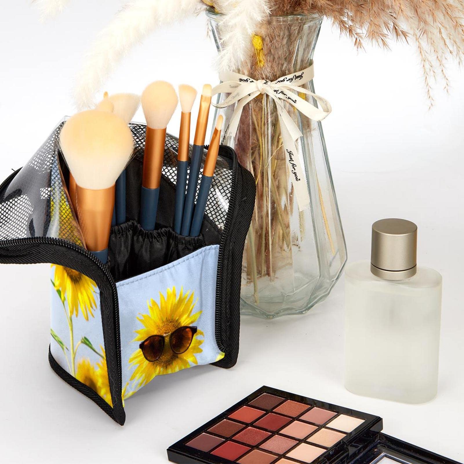 12-Piece Makeup Brush Organizer Bag with Sunflower Sunglasses Design - Portable Cosmetic Brush Holder Case for Travel & Home Storage