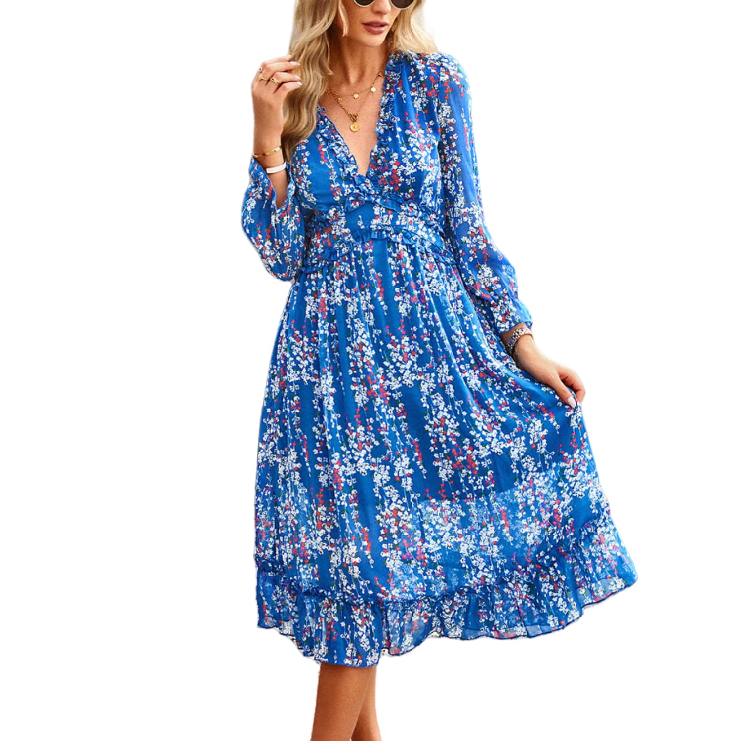 Women's Floral Chiffon Midi Dress - V Neck, Ruffled Long Sleeve A-Line Casual Summer Dress for Party, Wedding & Vacation Outfits