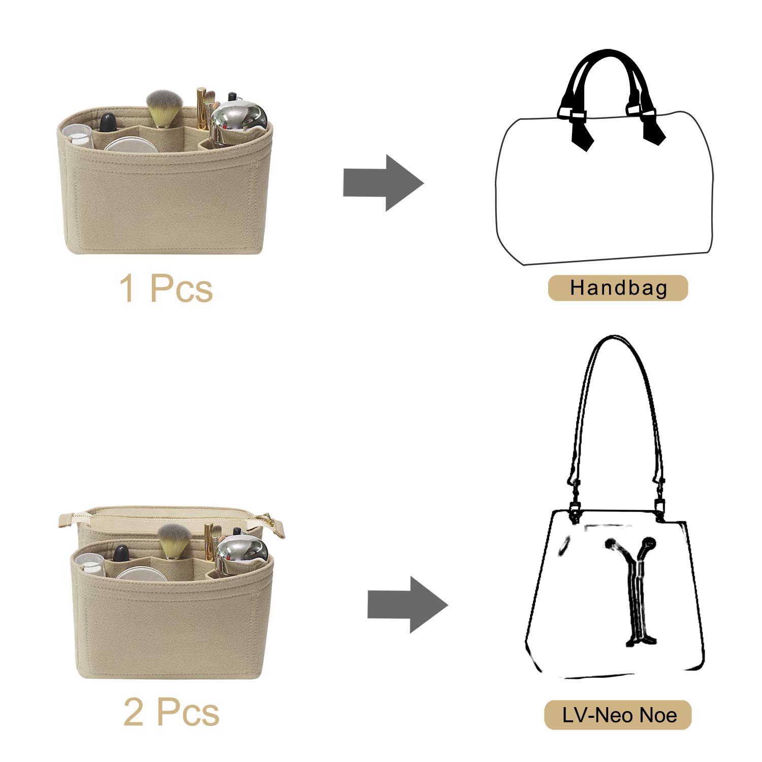Soyizom 2-Pack Purse Organizer Insert for Louis Vuitton Neo Noe & Small Handbags - Beige Zippered Bag Organizer for Women | Travel, Work & Everyday Use