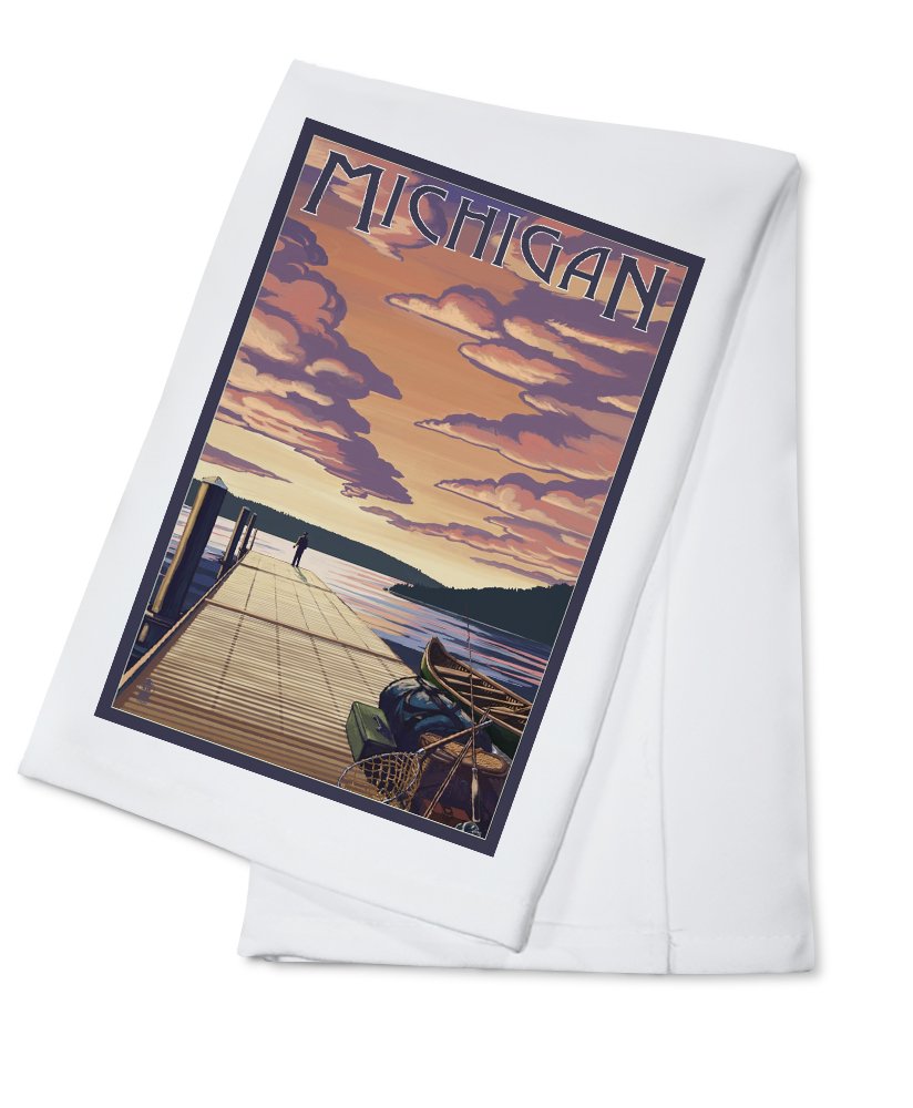 Michigan Lake Dock Scene 100% Cotton Tea Towel - Decorative Hand Towel for Kitchen, Bathroom & Home Decor - Perfect for Dish Drying, Gift Giving and Farmhouse Style Decor