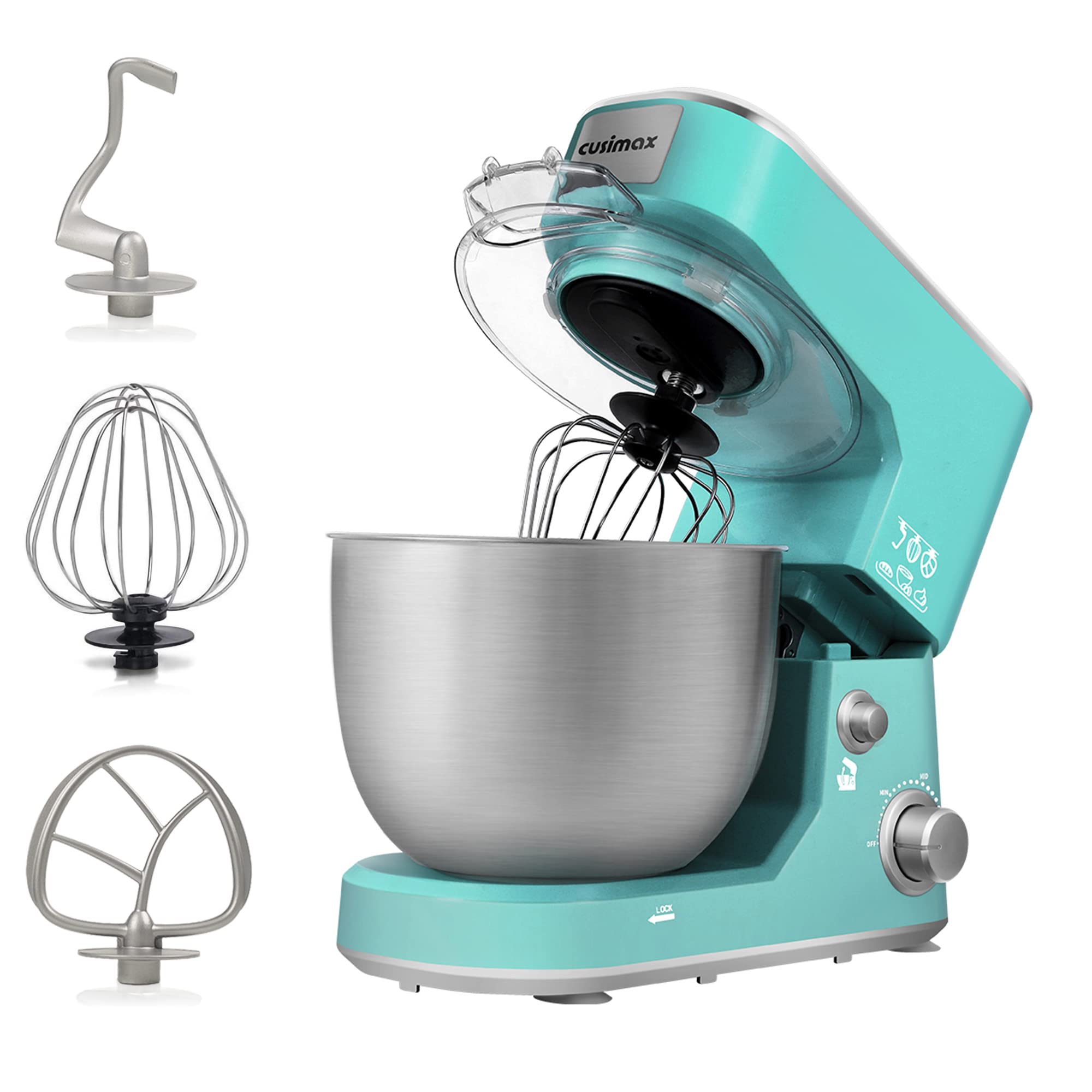 CUSIMAX 5-QT Stand Mixer with Stainless Steel Bowl - Tilt-Head Electric Kitchen Mixer Includes Dough Hook, Beater & Whisk, Splash Guard (Green) - Perfect for Baking Cakes, Cookies & Kneading Dough