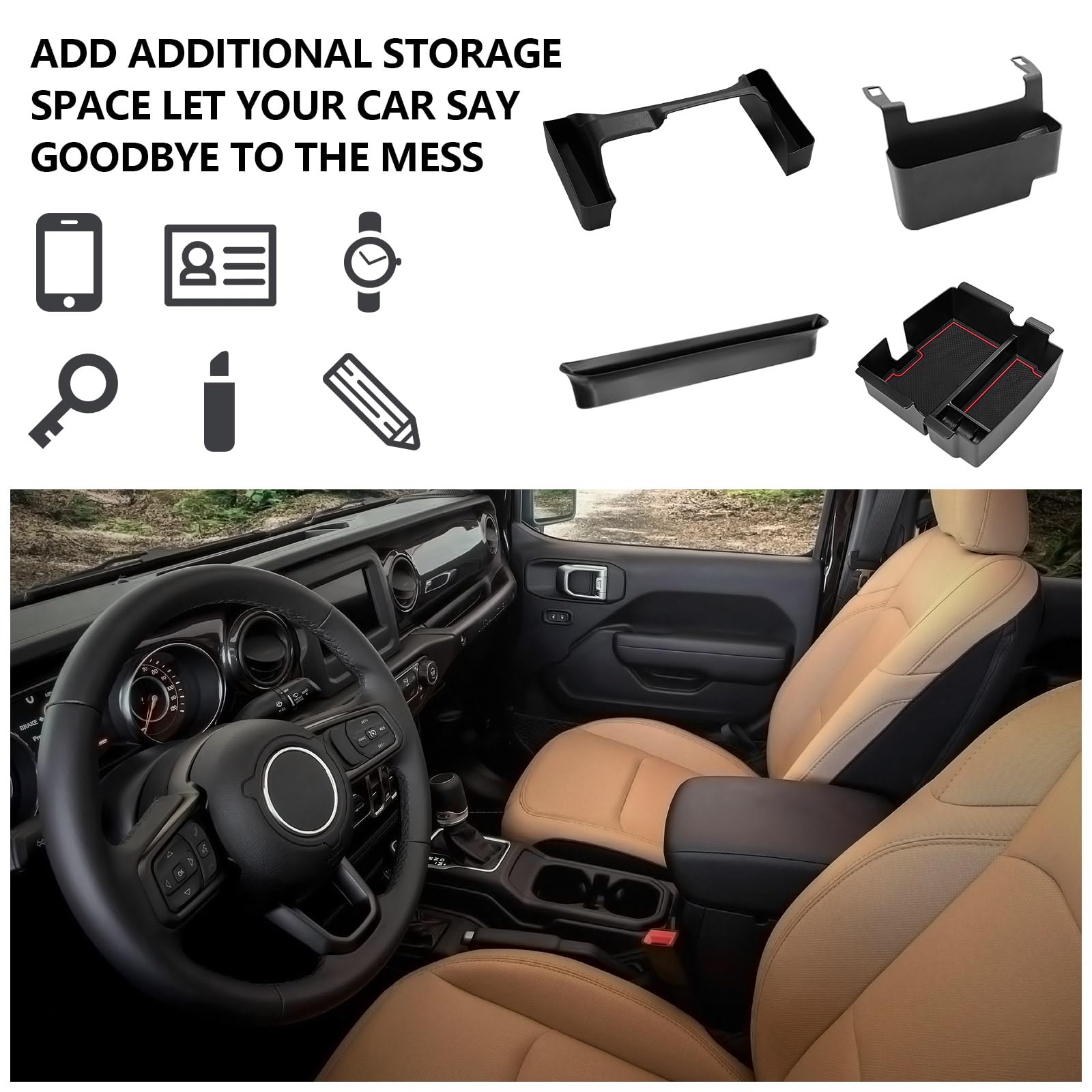 4PCS Jeep Wrangler JL JLU & Gladiator JT Center Console Organizer Set (2018-2023 Models) - Gear Shift Tray, Hanging Storage Box, Co-Pilot Organizer & Armrest Storage | Perfect for Road Trips, Off-Roading & Daily Commuting