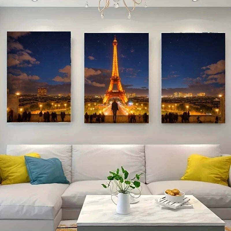 3-Piece Metal Wall Art Print - Group of People Standing in Front of Tower - Ready to Hang Home Decor for Living Room, Bedroom & Office