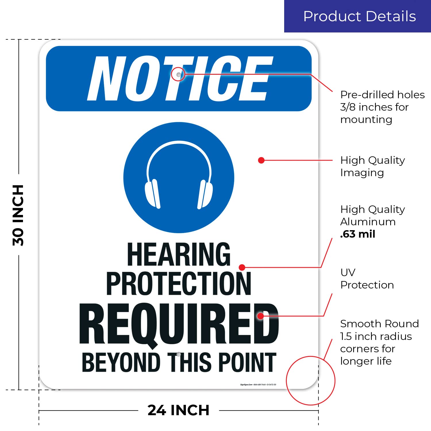 OSHA Compliant 'Hearing Protection Required Beyond This Point' Safety Sign - 24x30 Inches Rust-Free .063 Aluminum - Fade Resistant for Indoor/Outdoor Use - Made in USA - Ideal for Construction Sites, Factories & Industrial Areas