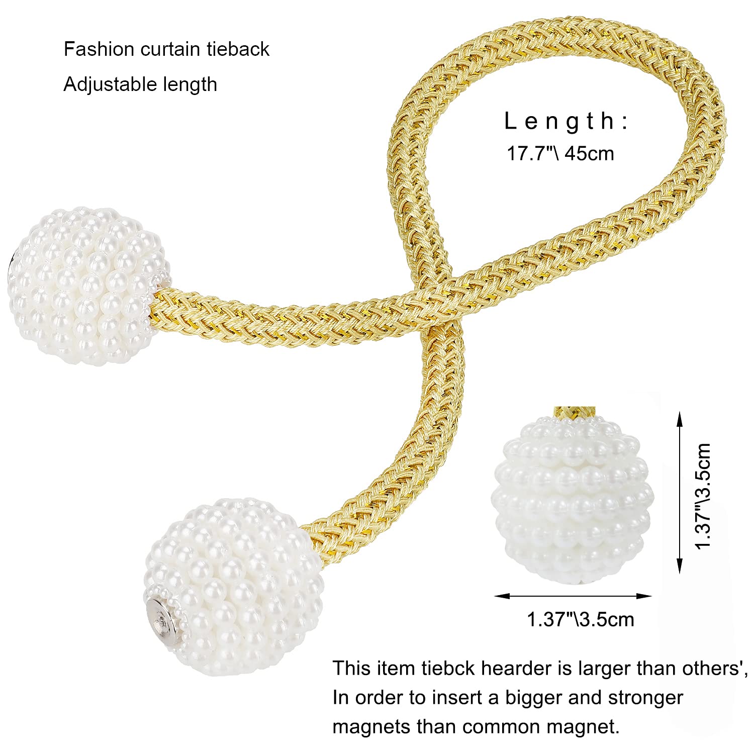Magnetic Curtain Tiebacks 2 Pack - Gold Weave Rope Clips for Home & Office Decor