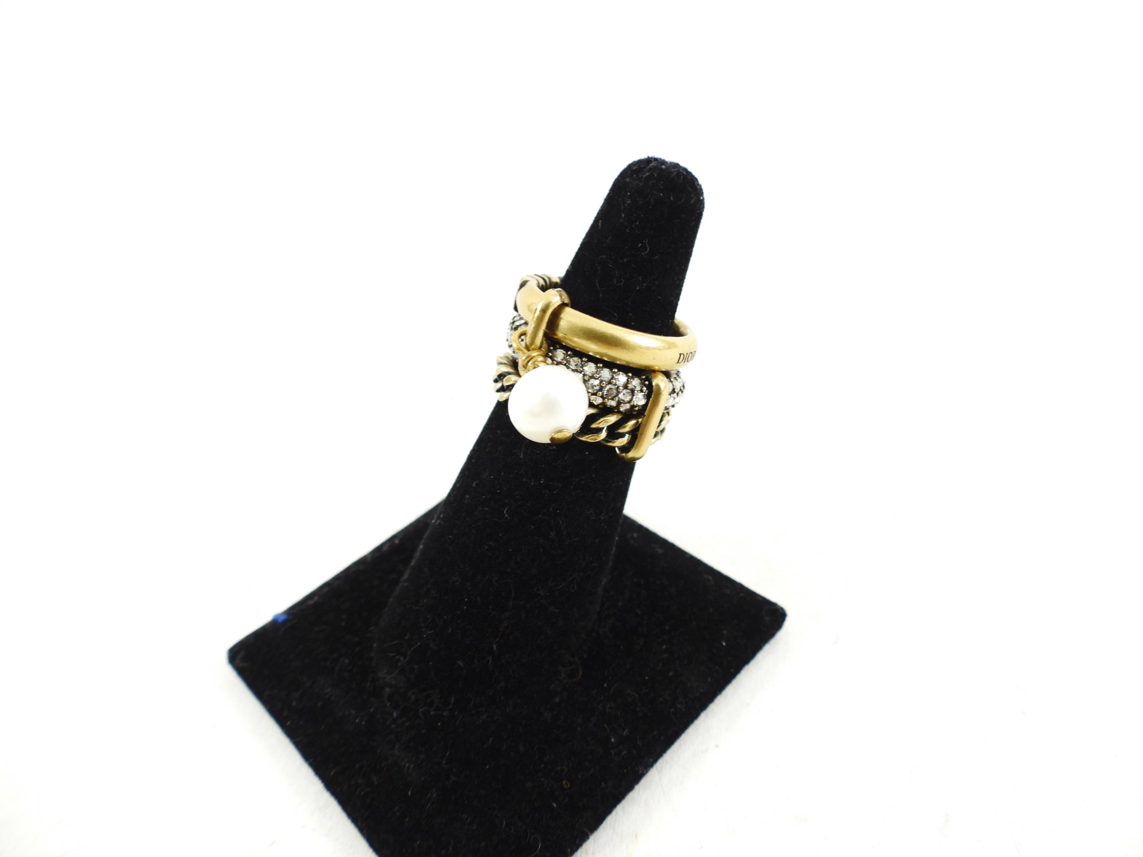 Dior J'Adior Brass Crystal Pearl Stacking Ring - Size 6 | Elegant Layered Jewelry for Women, Perfect for Parties, Weddings & Everyday Wear