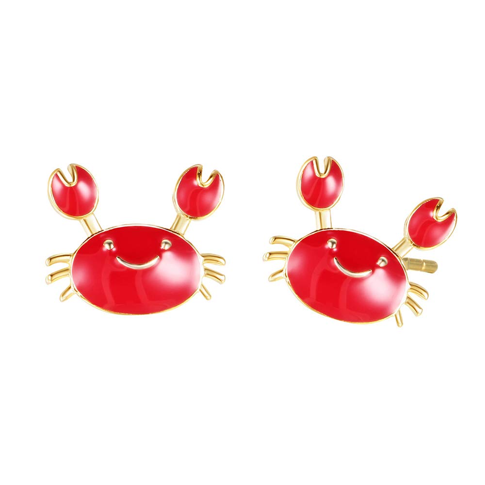 Cartoon Maryland Smiling Crab Stud Earrings - Enamel Red & Blue Sea Animal Jewelry for Women - Perfect Gift for Beach Lovers & Seafood Enthusiasts