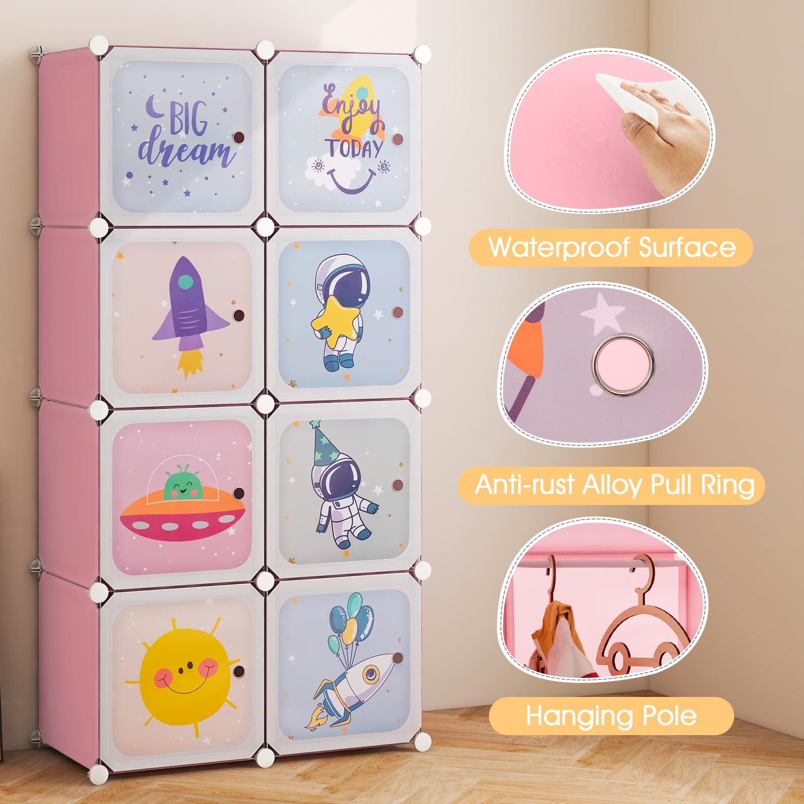 INFANS Kids Wardrobe & Closet Organizer - Portable Baby Dresser with 12 Storage Cubes & 2 Hanging Sections for Nursery, Bedroom (Pink, 8 Cubes) | Perfect for Toddler Clothes Storage, Toy Organization & Nursery Decor