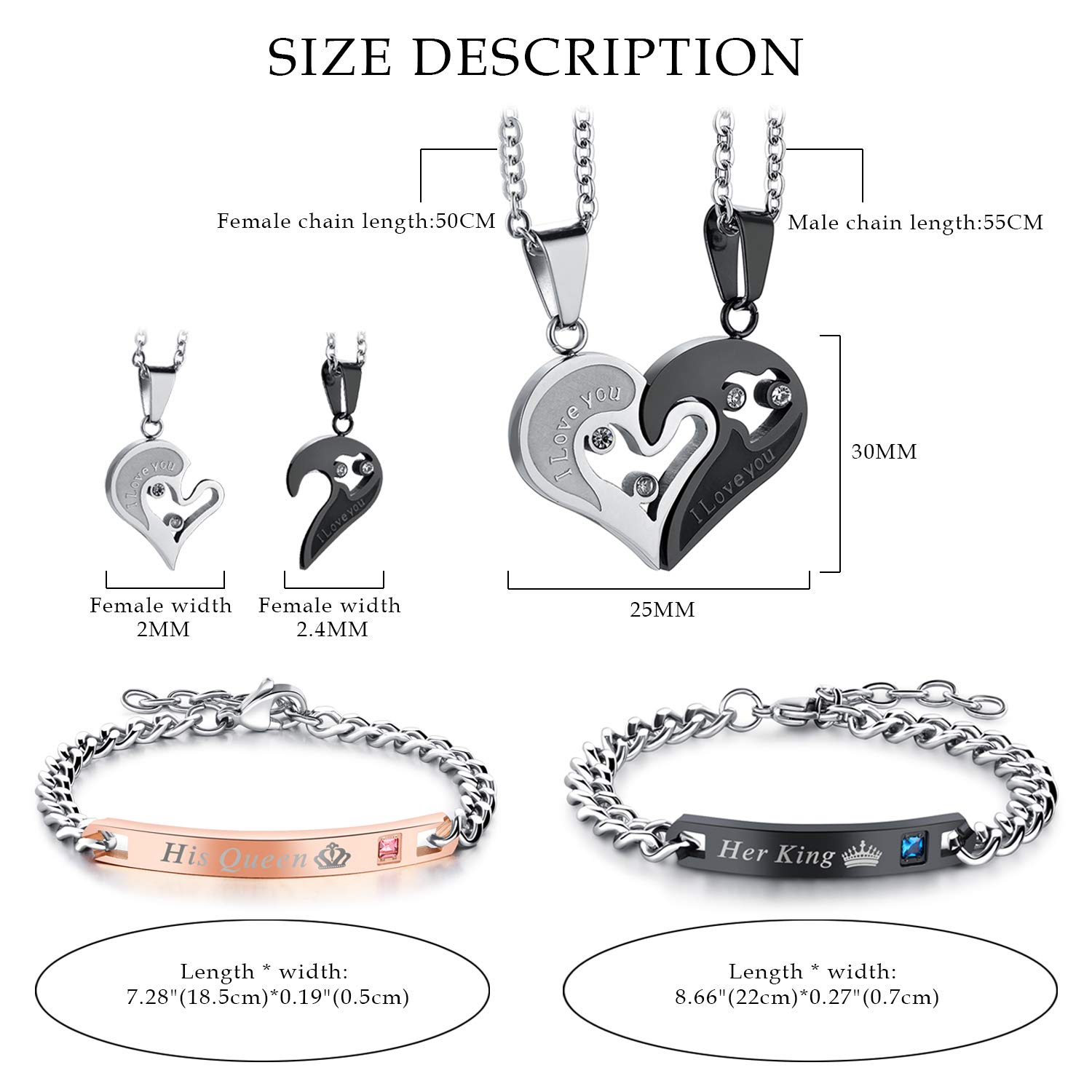 **Cupimatch 2 Pairs Couple Matching Necklace & Bracelet Set - Adjustable Stainless Steel I Love You Heart Puzzle Necklace & His Hers Bracelets - King & Queen CZ Relationship Jewelry for Anniversaries, Valentine's Day & Romantic Gifts**
