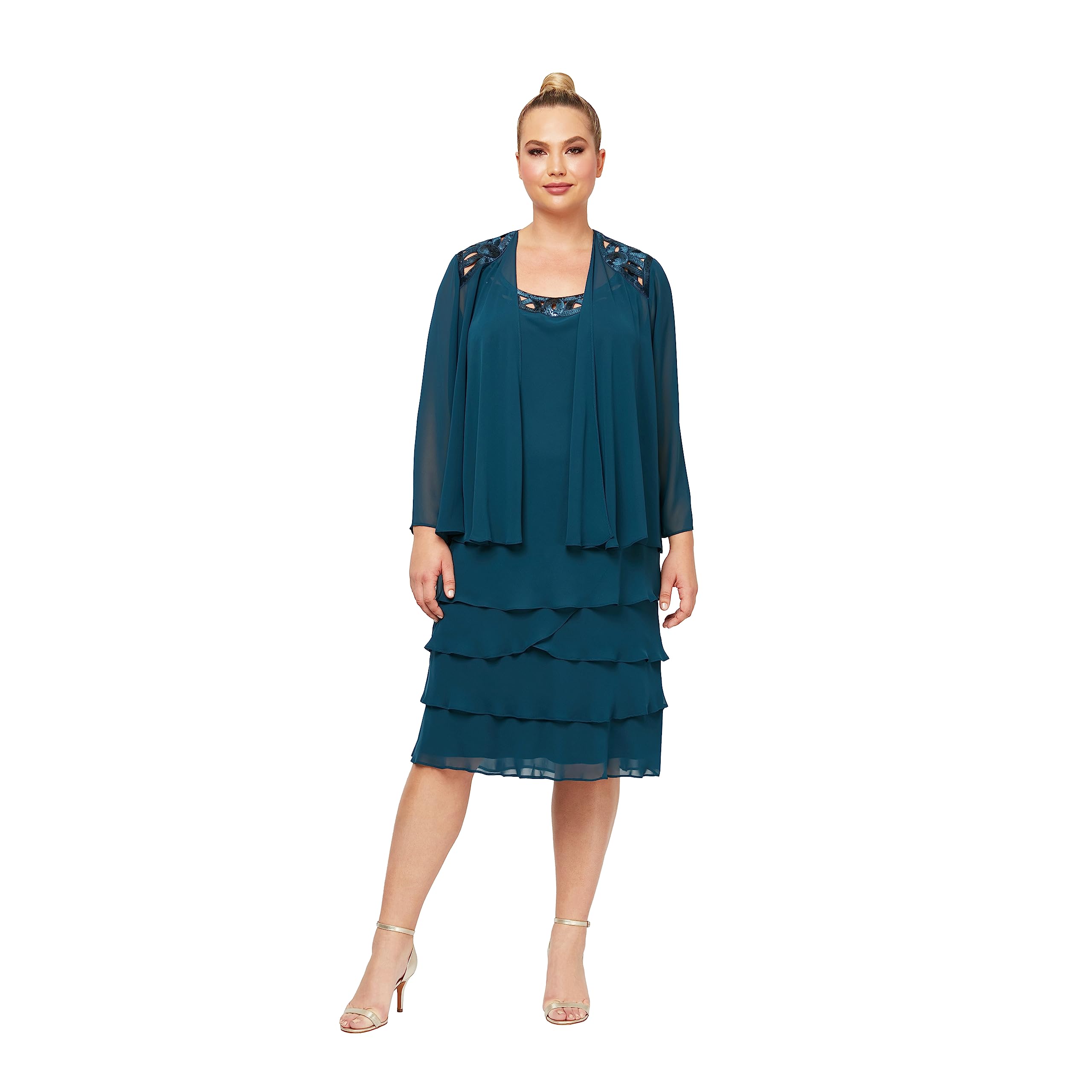 Women's Plus Size Embellished Shoulder Chiffon Tiered Jacket - Elegant Mother of The Bride Dress for Weddings & Special Occasions | S.L. Fashions