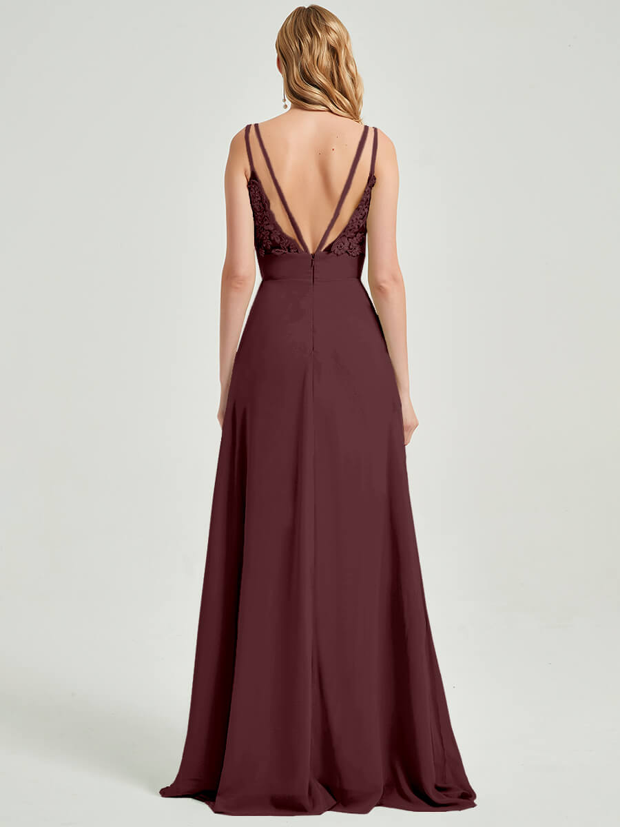 Elegant Cabernet Spaghetti Strap Slit Lace Chiffon Maxi Bridesmaid Dress - Perfect for Weddings, Prom & Formal Events