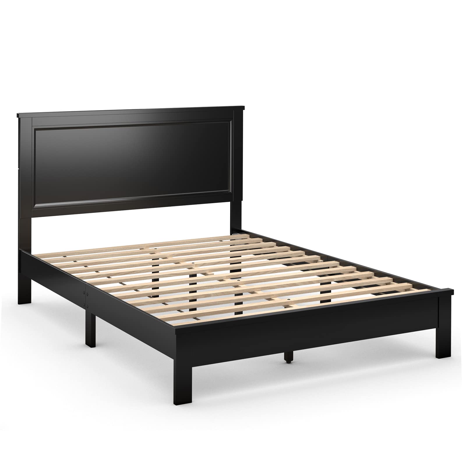KOMFOTT Queen Size Wood Platform Bed Frame with Headboard - Solid Wood Mid Century Modern Bed Frame with Slat Support & Under Bed Storage - No Box Spring Needed - Mattress Foundation Bed Base in Black - Perfect for Small Bedrooms & Guest Rooms