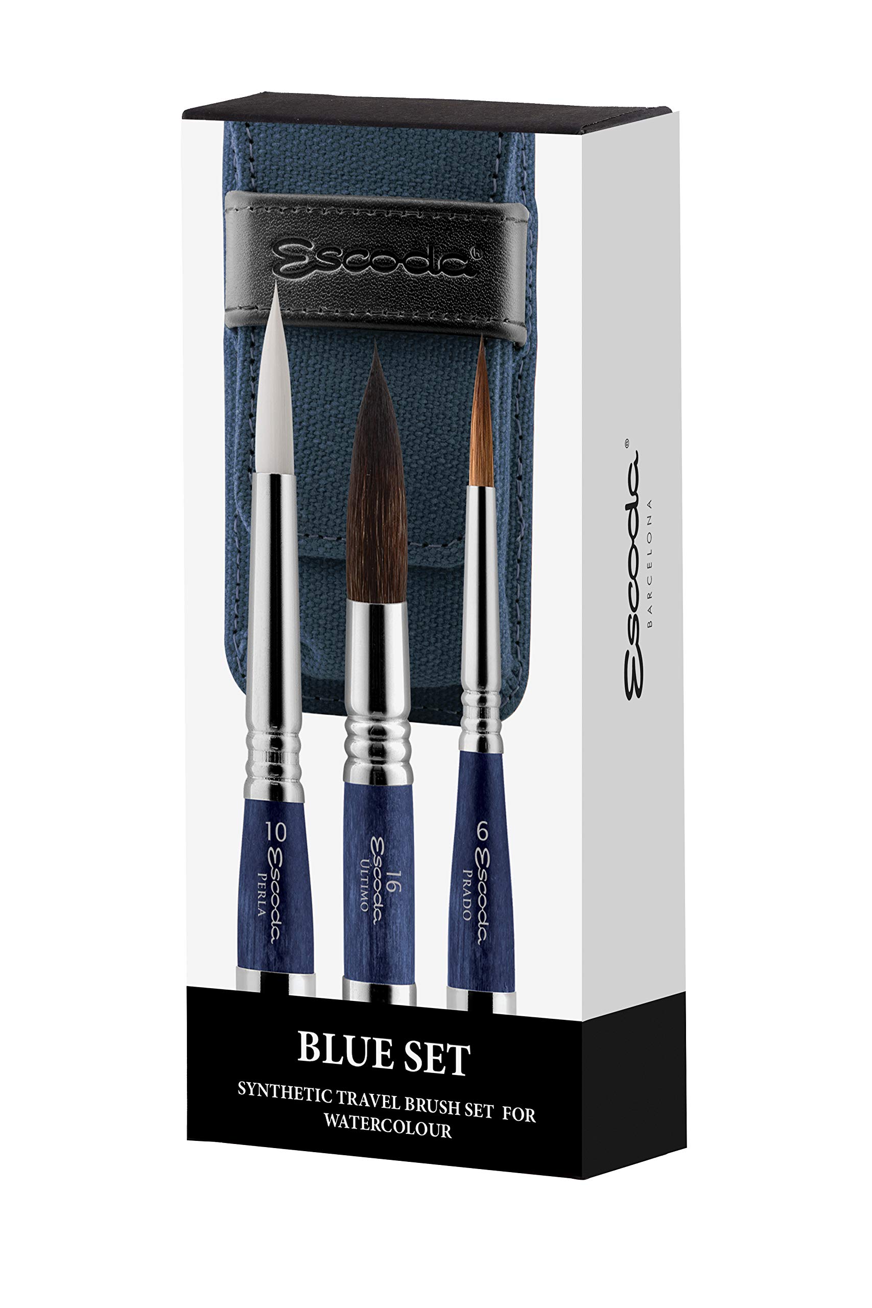 Escoda Artist Watercolor Travel Brush Set with Canvas Pouch - 3 Short Handle Brushes for Watercolor Painting (Blue) | Perfect for Outdoor Sketching, Travel Art Kits & Plein Air Painting