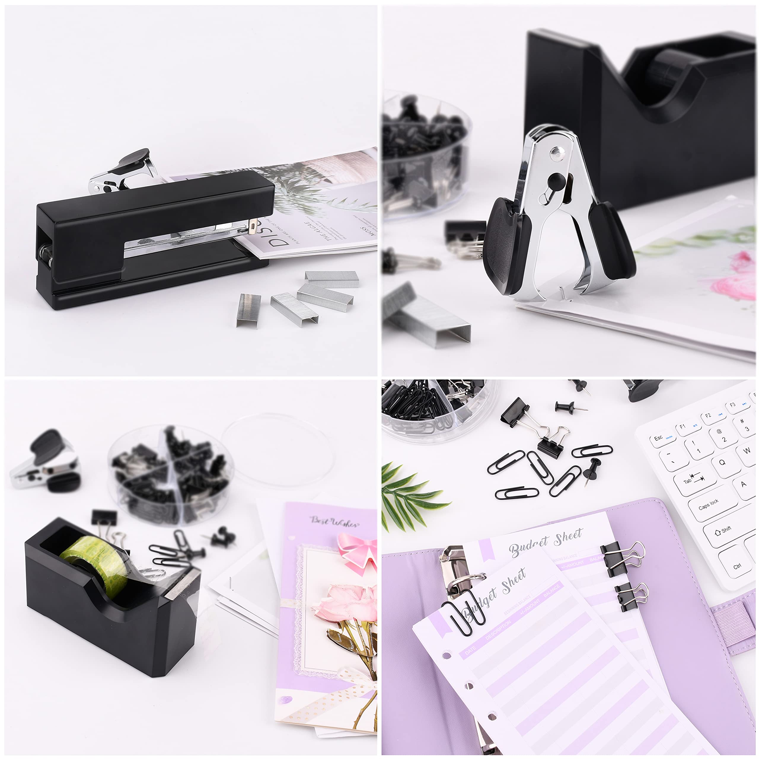 Premium Black Office Supplies Desk Organizer Kit - Includes Stapler, Tape Dispenser, Staple Remover, 1000 Staples, Measuring Tape & 72-Piece Accessories - Perfect for Home Office, School & Workplace Organization