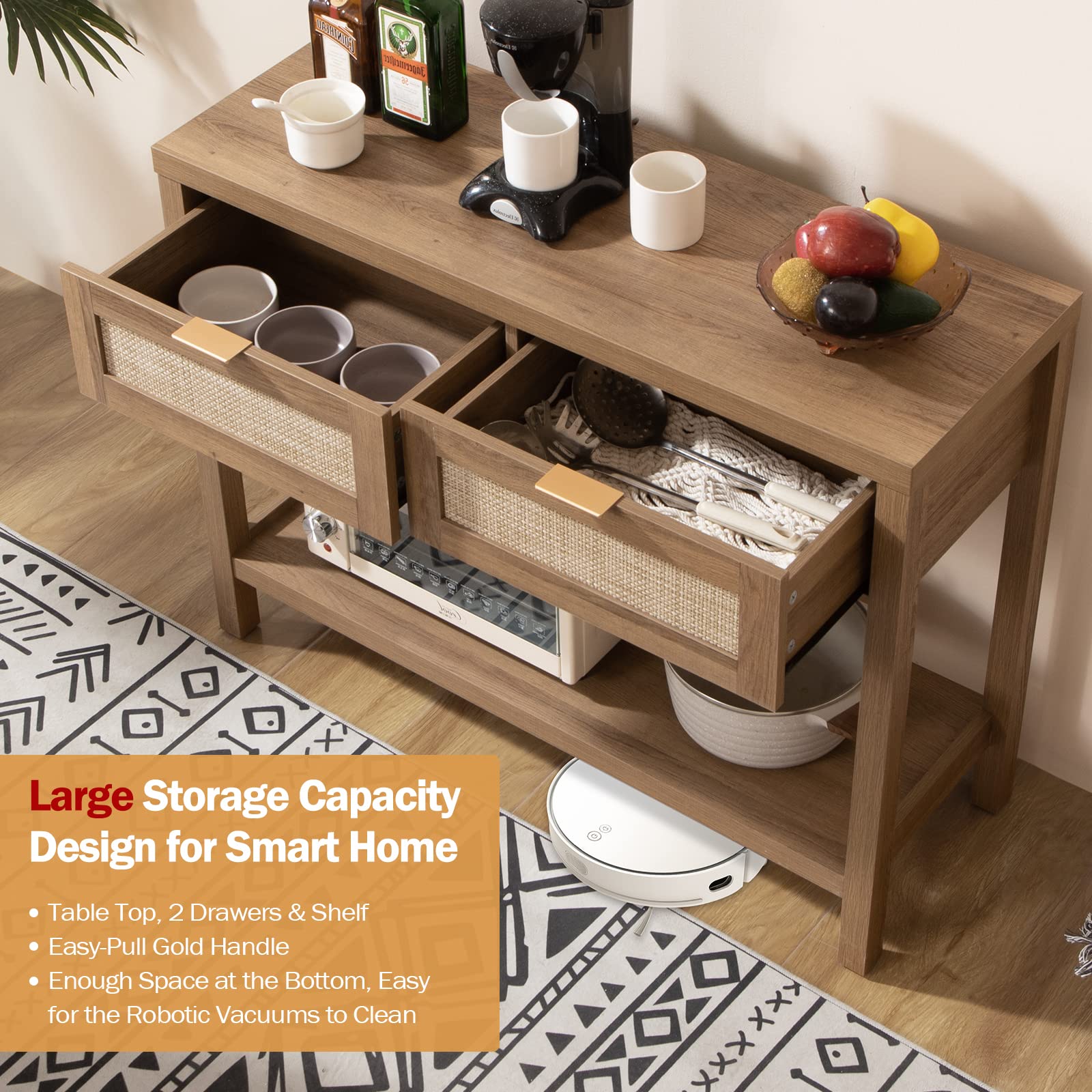 SICOTAS 2-Piece Boho Rattan Console Table Set with Drawers & 2-Tier Shelf - Narrow Long Entryway Sofa Table for Living Room, Hallway, Foyer - Perfect for Small Space Decor & Apartment Entry Organization