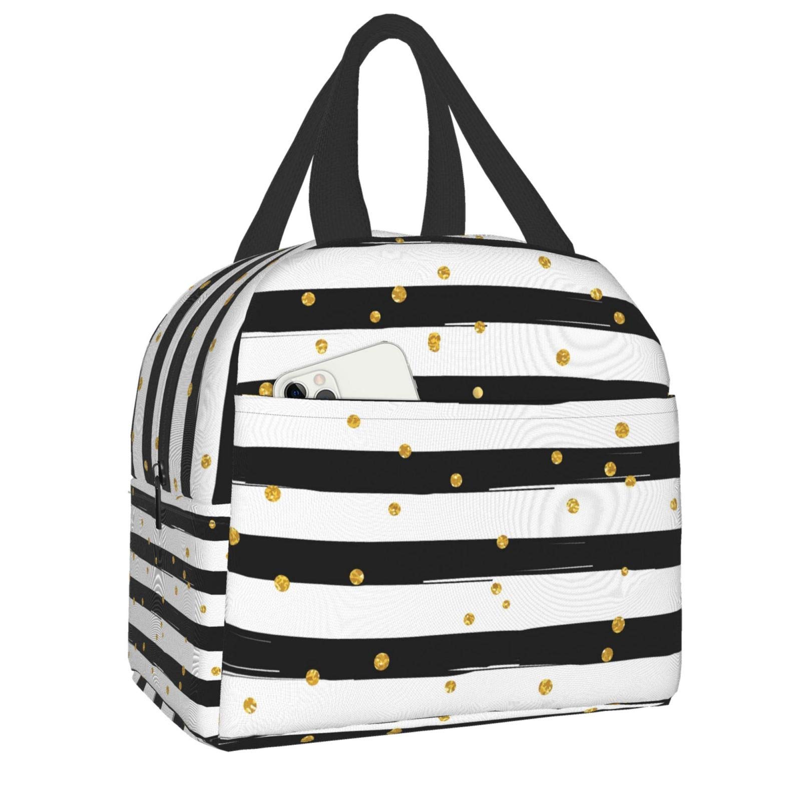 Black and White Striped Insulated Lunch Bag with Golden Polka Dots - Reusable Compact Tote Lunch Box for Women & Men - Perfect for School, Office, Work, Picnics and Outdoor Activities