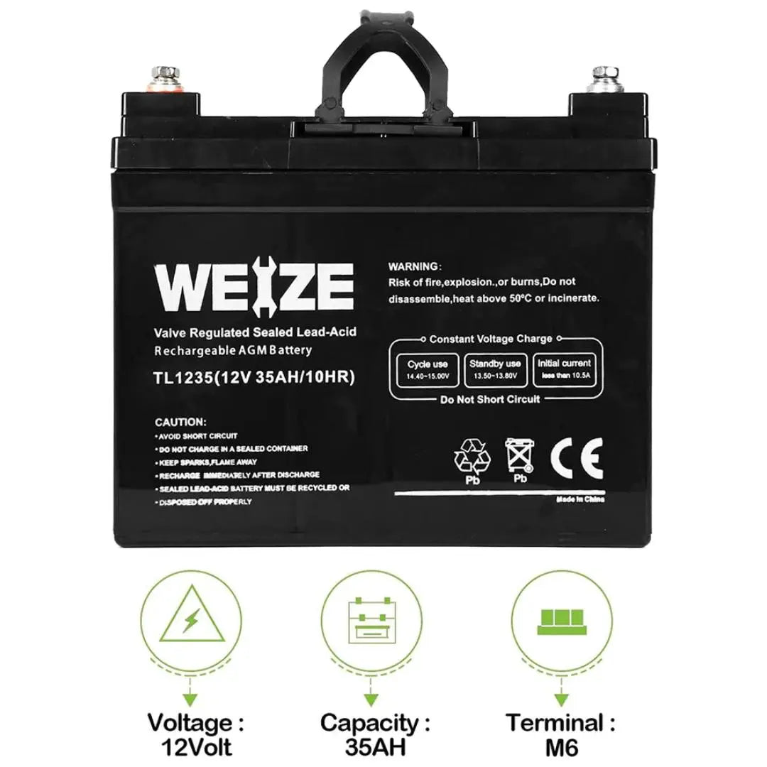 WEIZE 12V 35Ah Deep Cycle AGM Battery for Solar, RV, Marine, Trolling Motor - Maintenance-Free Rechargeable SLA Battery for Power Wheels, Golf Carts, and Off-Grid Applications
