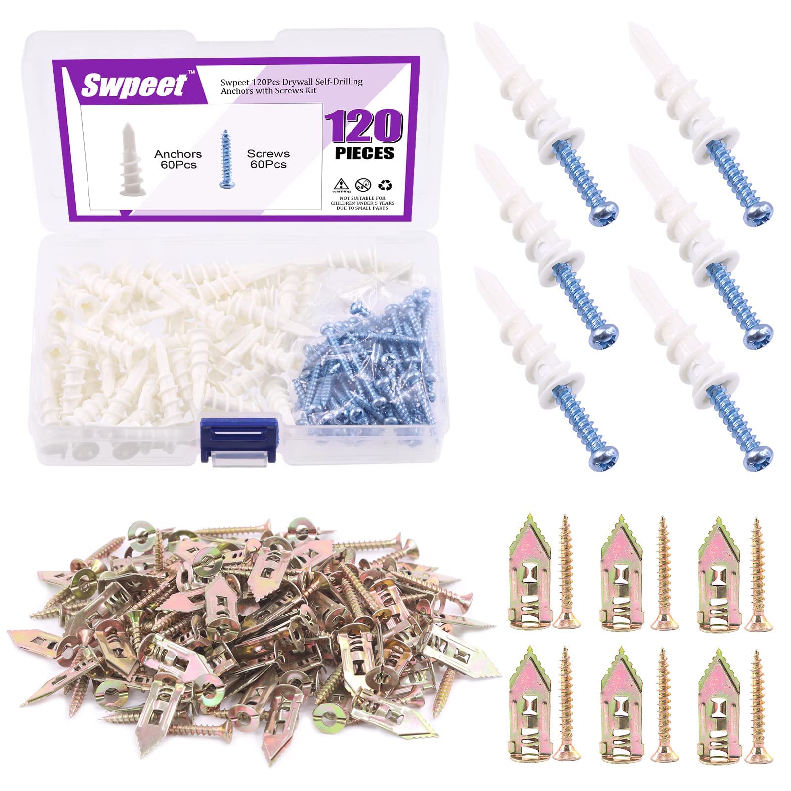 Swpeet 200Pcs Drywall Self-Drilling Anchors with Screws Kit + 120Pcs Plastic Self-Drilling Wall Anchors - Heavy Duty Hanging Solutions for Pictures, Shelves & Home Decor