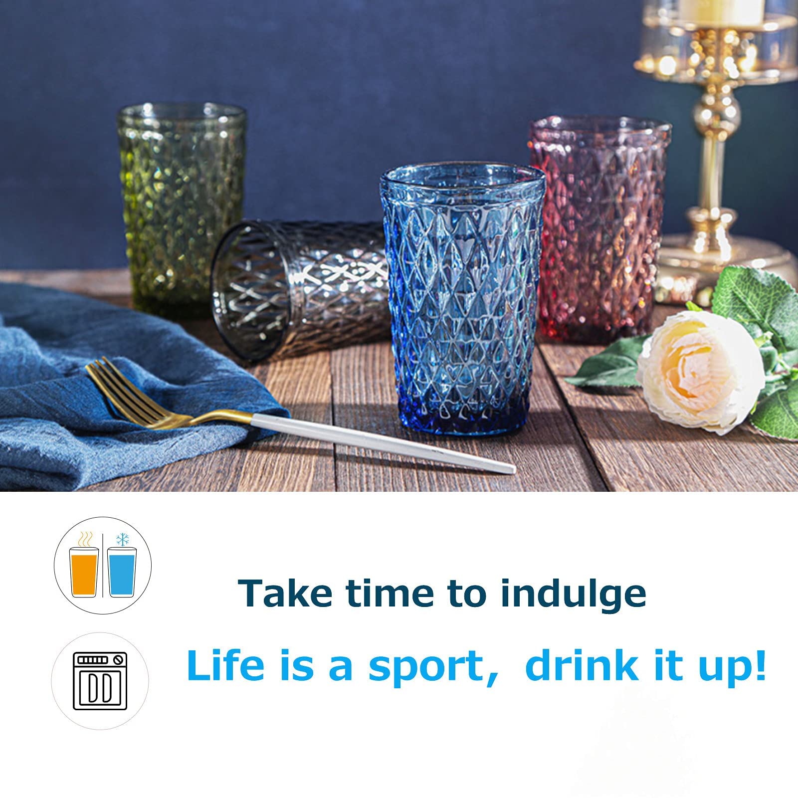 Bandesun 12 oz Blue Drinking Glass Set of 6 - Diamond Cut Tumbler Glasses for Water, Cocktail, Milk, Juice & Beverages | Durable Kitchen Glassware for Home, Bar, Restaurant & Party Use