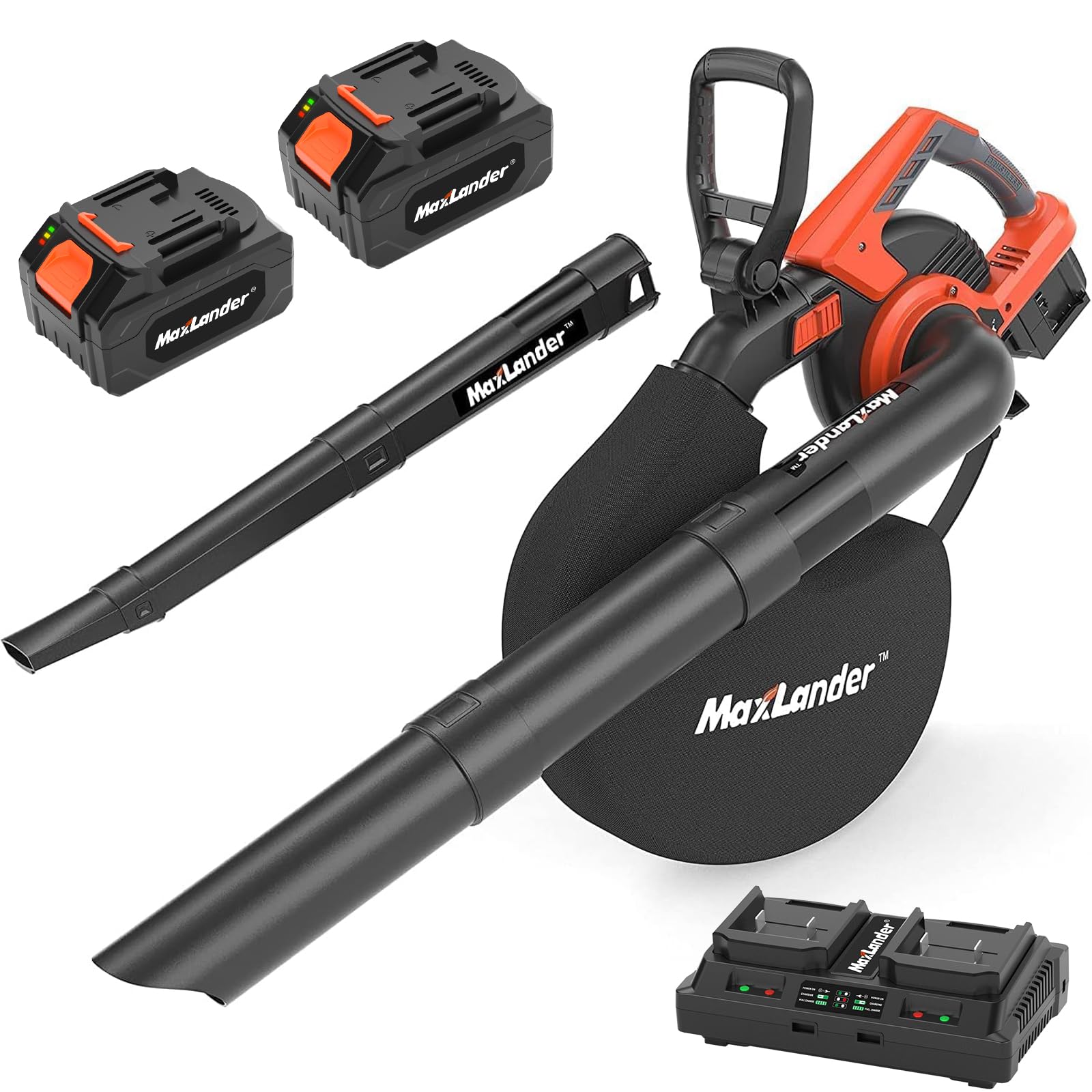MAXLANDER 40V Cordless Leaf Blower & Vacuum Mulcher - 3-in-1 Brushless Battery Powered Yard Tool with 170MPH 360CFM Airflow, 5 Speed Settings, 2x4.0Ah Batteries & Charger Included - Perfect for Lawn Care, Leaf Cleanup, and Garden Maintenance