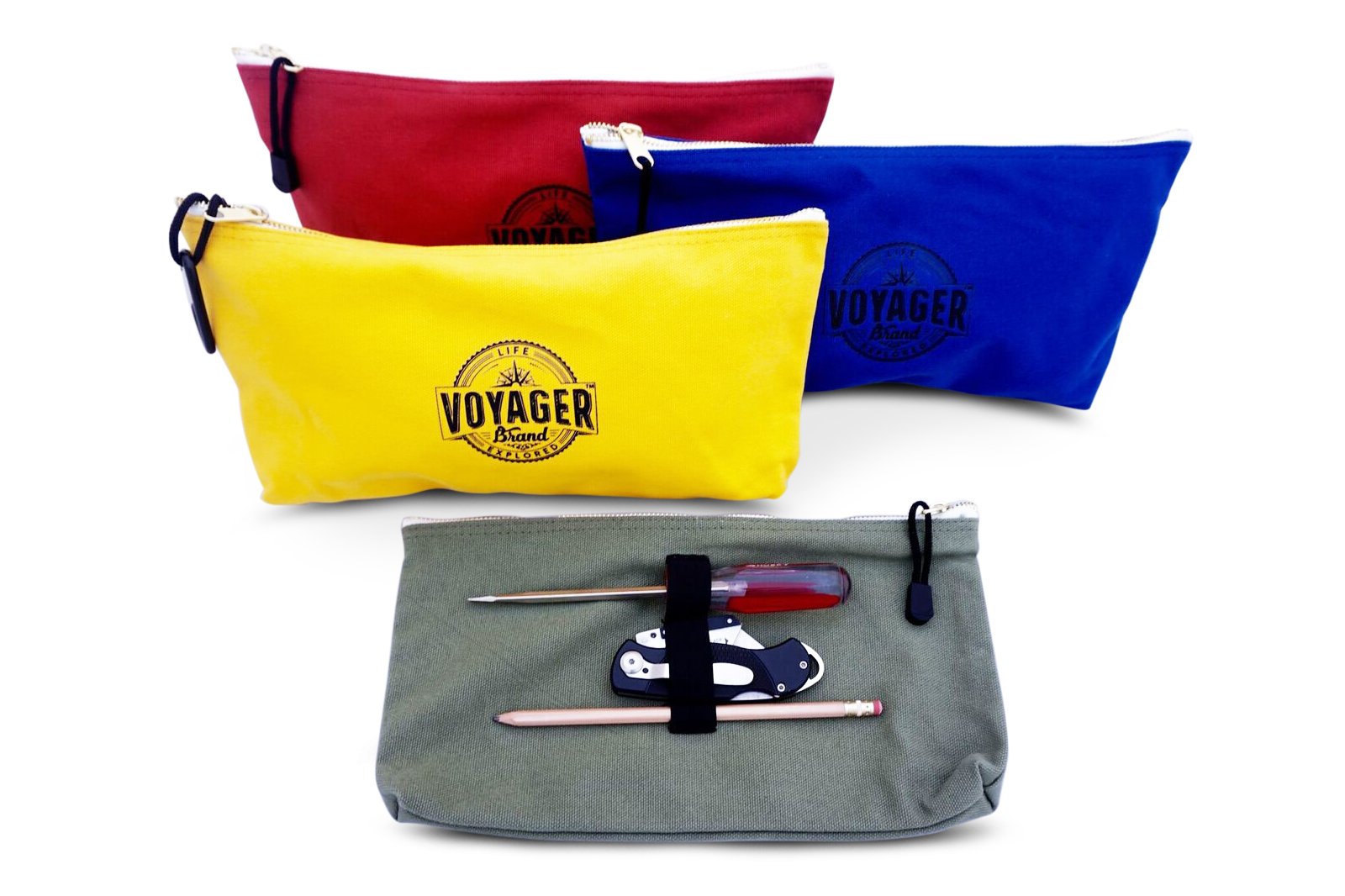 Heavy Duty Canvas Zipper Tool Pouch Set of 4 - Color Coded with Carabiner Clip, Metal Zipper & Elastic Organizer - Perfect for DIY, Construction, Camping & Tool Storage