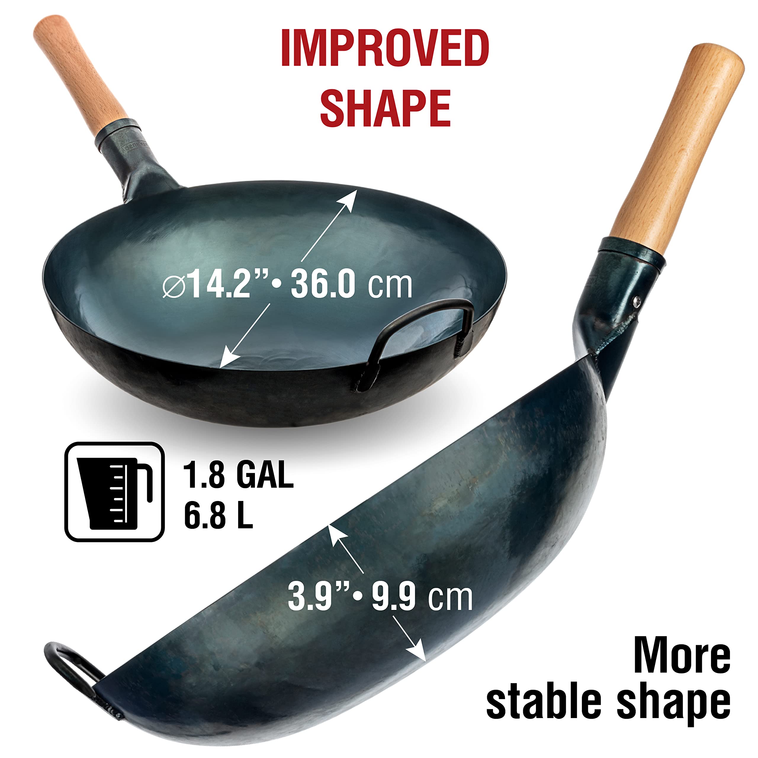 YOSUKATA 14 Inch Blue Round Bottom Carbon Steel Wok Pan - Traditional Chinese & Japanese Hammered Stir Fry Cookware - Perfect for Home Cooking, Asian Cuisine & Professional Chefs
