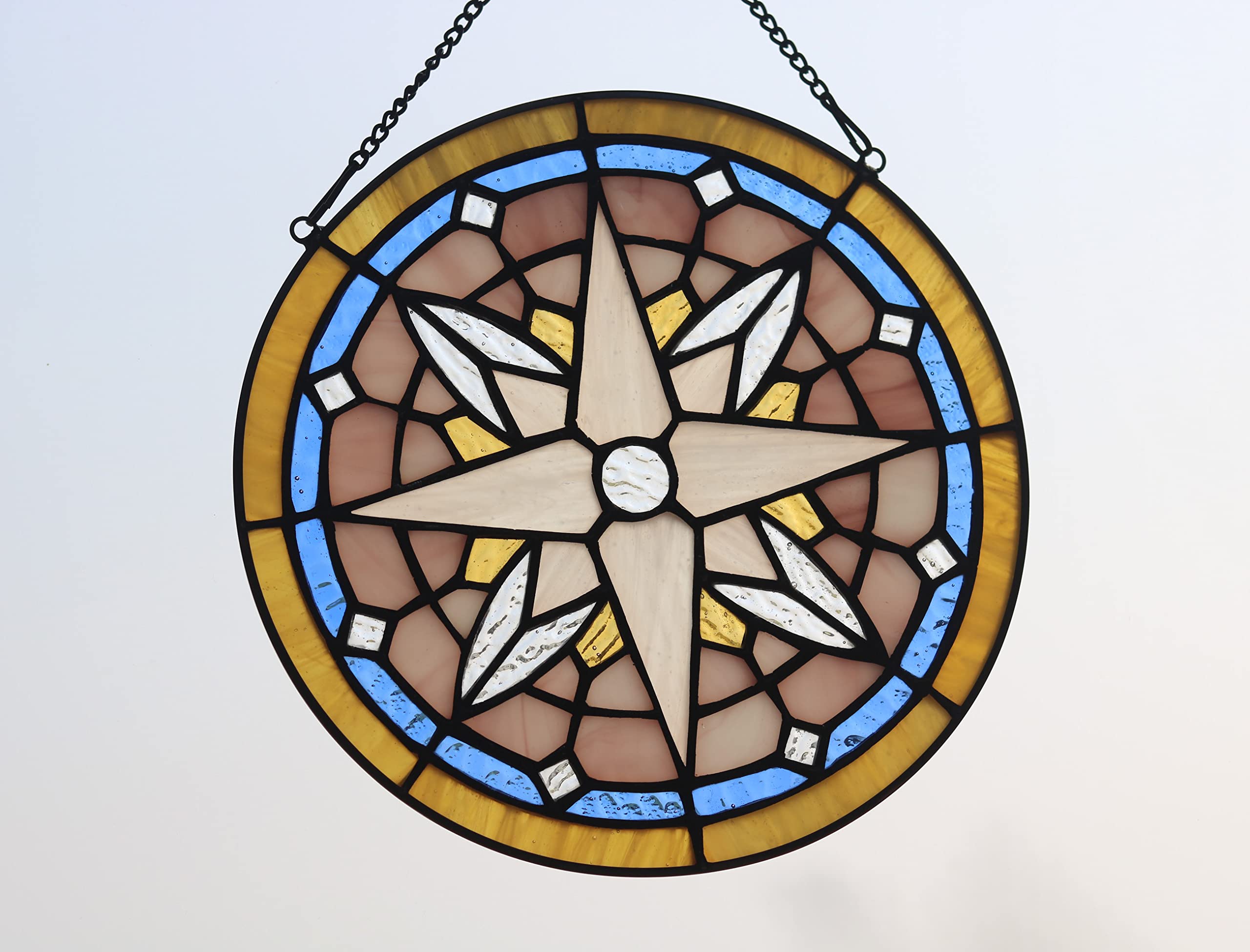 Compass Rose Stained Glass Window Hangings - Round Nautical Tiffany Style Boho Decor for Windows, Doors & Home Decor | Perfect for Beach Houses, Coastal Decor & Nautical Theme Rooms