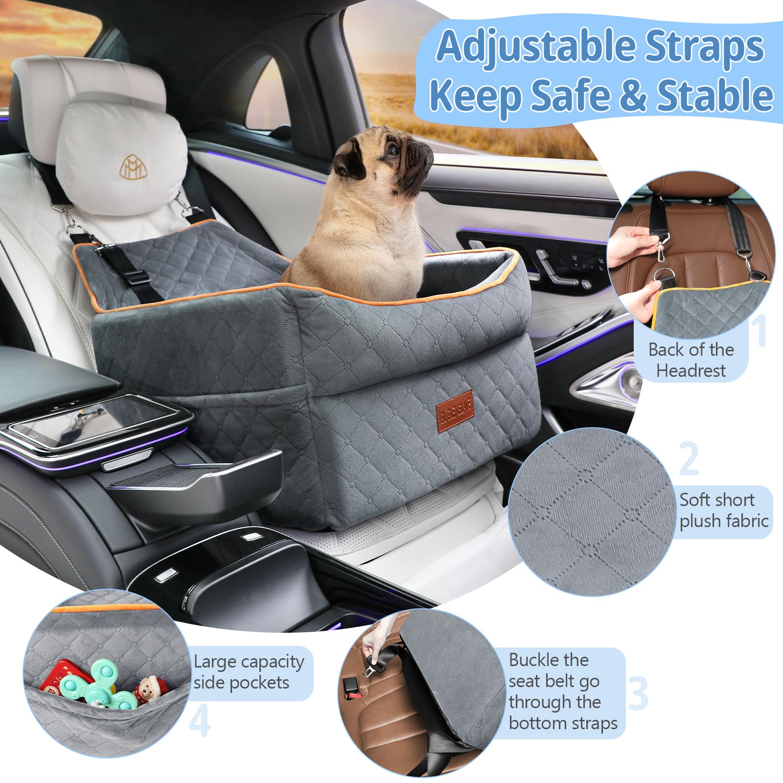 **Memory Foam Dog Booster Car Seat for Small & Medium Dogs (0-35 lbs) – Anti-Slip Pet Travel Bed with Adjustable Leashes & Storage Pockets – Perfect for Road Trips, Vet Visits & Daily Commutes**