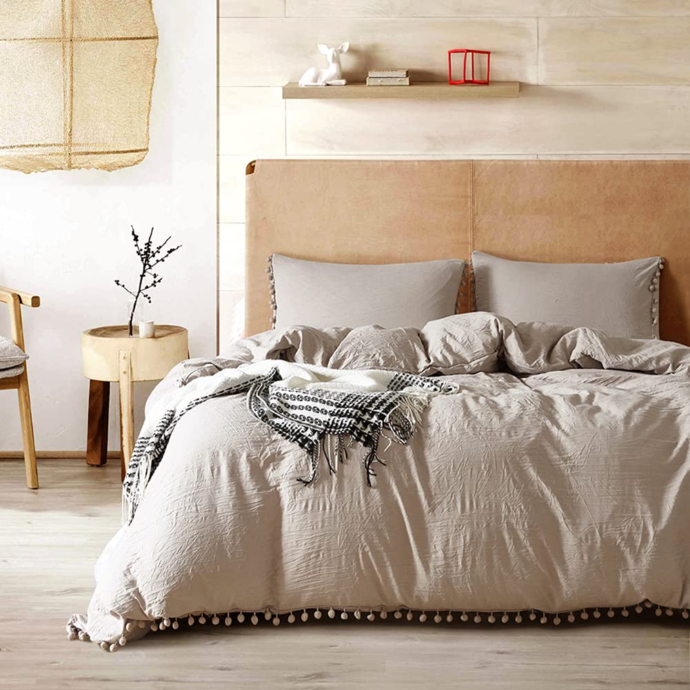 Bohemian Pom Pom Fringe Duvet Cover Set - Twin Size 2-Piece Soft Bedding with Tassel Decor (Camel Color) - Perfect for Boho Chic Bedroom Decor & Guest Room Styling