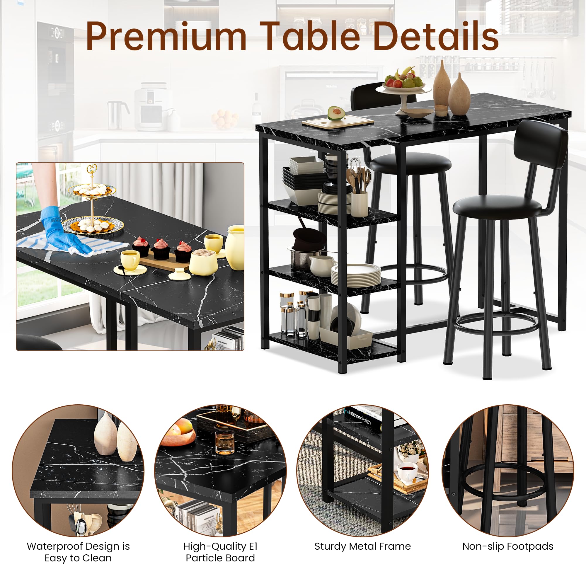 2-Piece Counter Height Pub Table Set with 2 PU Leather Bar Stools & 3 Storage Shelves - Small Space Dining Solution for Kitchen, Bar or Apartment | Perfect for Entertaining, Breakfast Nook & Compact Living Spaces
