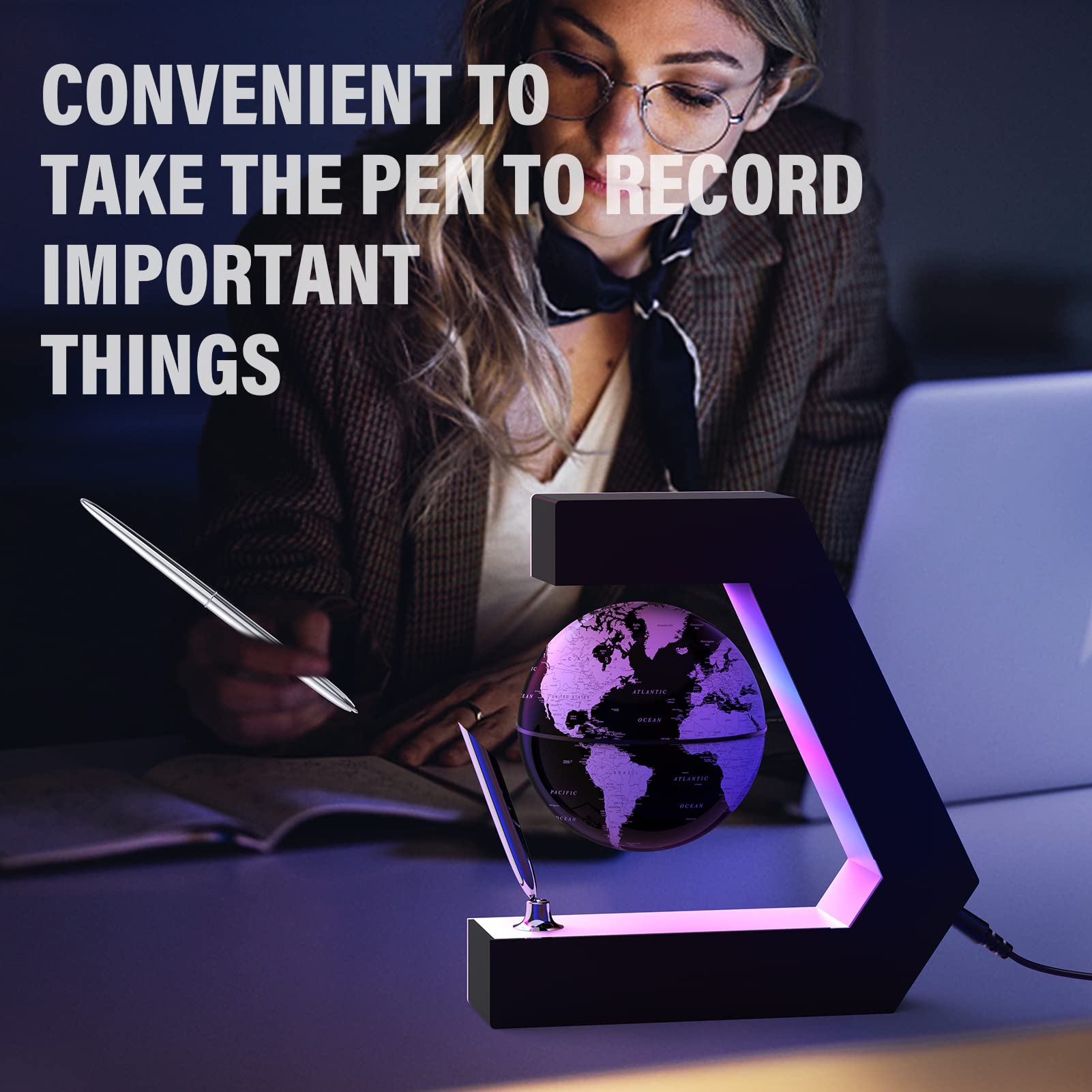 Magnetic Levitation Floating Globe with LED Lights - Portable World Map Desk Decor for Office, Home & Gifts | Write with Included Pen for Study, Travel Planning & Geography Learning