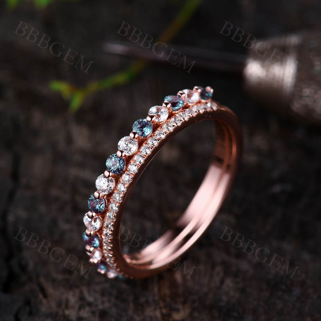 Exquisite Moissanite & Alexandrite Wedding Band in White Gold - Stackable Matching Ring for Women, Perfect for Bridal Sets, Anniversaries & Special Occasions