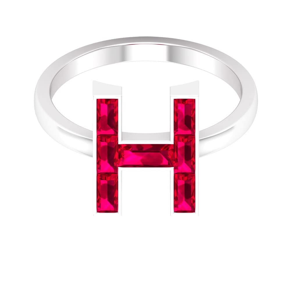 A-Z Alphabet Initial Rings - 14K White Gold Lab Created Ruby Letter Rings with Baguette & Channel Set | Personalized Name Jewelry for Women, Gifts for Her, Birthday, Anniversary, Valentine's Day