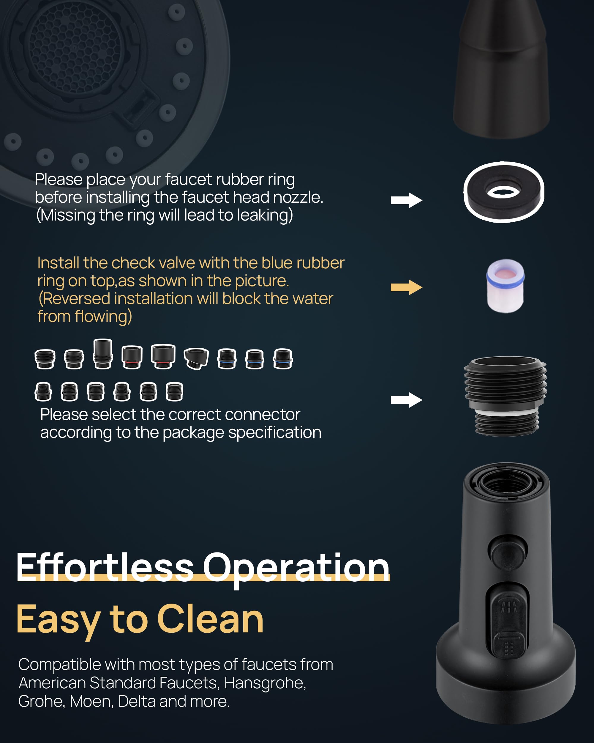 J-HVA Pull Down Kitchen Faucet Sprayer Head Replacement - 3 Function Spray Nozzle with 15 Adapters, Matte Black | Perfect for Pull Out Sink Sprayer Replacement, Dish Washing & Food Prep